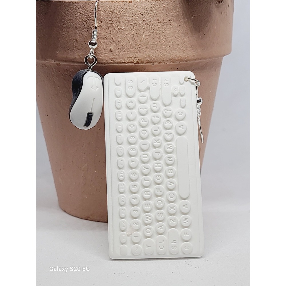 Novelty Computer Keyboard and Mouse Mismatched Dangle Earrings White Tech Geeky